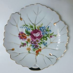 Vintage Nasco Pink Rose Floral Gold Leaf Shaped Trinket Dish